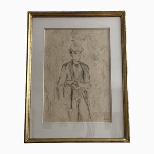 Henri Fehr, Étude d'Homme Au Chapeau, Crayon sur Papier, Encadré