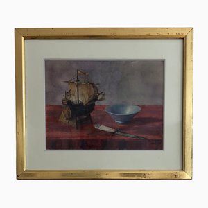 A. Séchaud, Small Decorative Sailboat, 1945, Watercolor on Paper, Framed