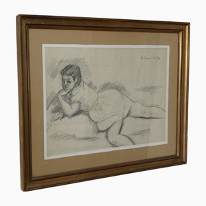 Emile-François Chambon, Petite fille pensive, 1946, Bleistift auf Papier, Cadre
