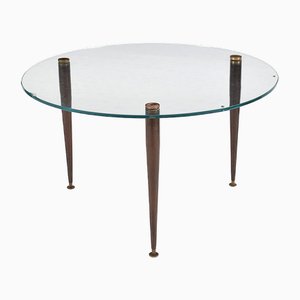 Italian Round Coffee Table with Crystal Top and Brass Legs