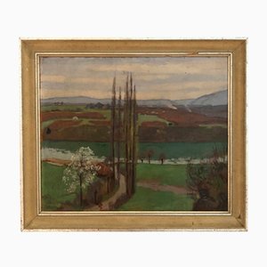 Jules Ami Courvoisier, Paysage de printemps campagne et Jura, Oil on Cardboard, Framed