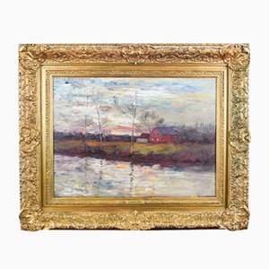 Julian Walbridge Rix, Impressionista River Scene at Twilight, metà XIX secolo, Olio, Incorniciato