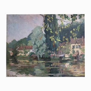 Pinchon, Paysage au bord de l'eau, Oil on Canvas, Framed