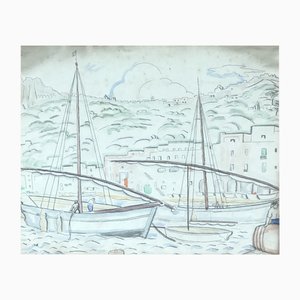 Louis Valdo-Barbey, Pêcheurs au port, acquerello e china, con cornice