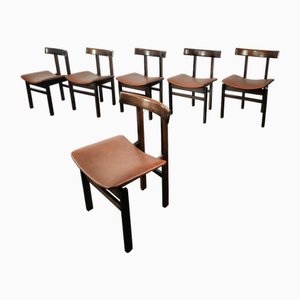 Wooden Dining Chairs in Leather, 1960s, Set of 6