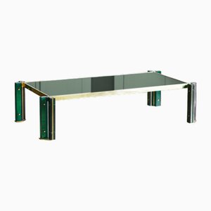 Mesa de centro rectangular de latón y vidrio verde, 1970