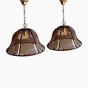 Lámparas colgantes italianas de bambú y cristal curvado, años 70. Juego de 2