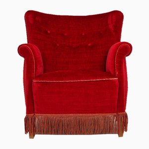 Vintage Danish Armchair in Cherry-Red Velour, 1960s