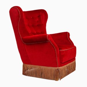 Vintage Danish High Back Armchair in Cherry-Red Velour, 1960s