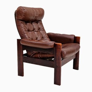 Scandinavian Adjustable Lounge Chair in Brown Leather and Oak, 1970s