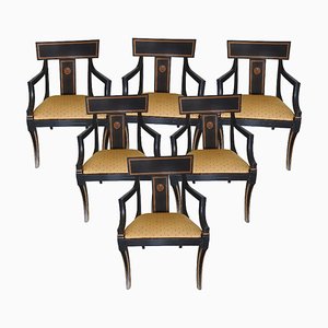 Vintage Black Lacquered Dining Chairs with Armrests, Set of 6