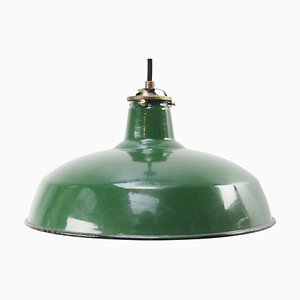 Vintage American Industrial Pendant Lamp in Green Enamel with Brass Top
