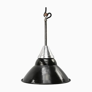 Vintage French Industrial Black Enamel and Chrome Pendant Light by Gal, France