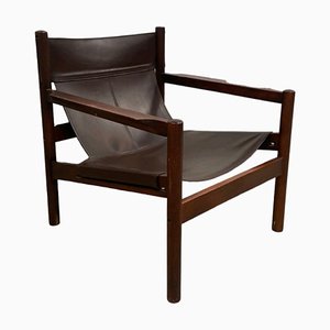 Mid-Century Leather & Walnut Roxinho Safari Lounge Chair by Michel Arnoult