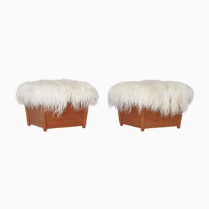 Set of Modern Scandinavian Stools in Oak and Sheepskin, Denmark, 1960s