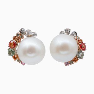 14kt White and Rose Gold Earrings with South-Sea Pearls and Sapphires, 1970s, Set of 2