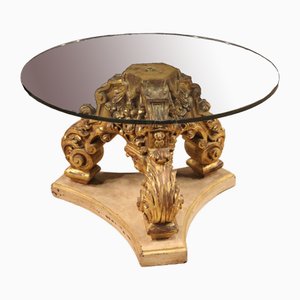 Table Basse Ronde Laquée et Dorée avec Plateau en Verre, Italie, 1970s