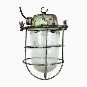 Industrial Soviet Bunker Green Pendant Light with Iron Grid, 1960s