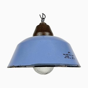 Lampada a sospensione industriale in ghisa blu con copertura in vetro, anni '60