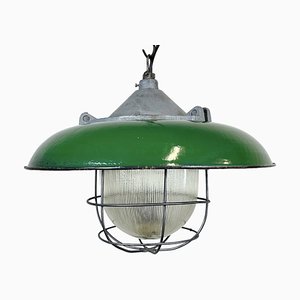 Industrial Green Enamel Factory Cage Pendant Lamp in Cast Iron from Zaos, 1960s