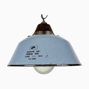 Industrial Grey Enamel and Cast Iron Pendant Light with Glass Cover, 1960s