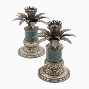 Candelabro Alpi italiano de plata y mármol verde, años 60. Juego de 2