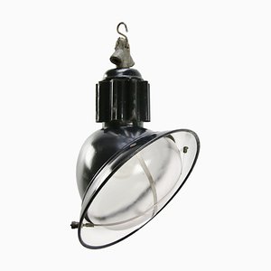 Vintage French Industrial Black Enamel & Clear Glass Pendant Lamp, 1950s