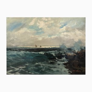 Ezelino Briante, Voiliers en mer, Huile sur Toile