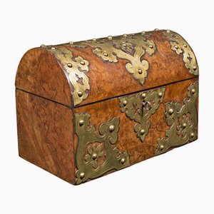 Victorian English Domed Top Caddy Keepsake Box in Burr Walnut & Brass