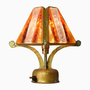 Lámpara de mesa brutalista italiana de metal y cristal de Murano martillado de Longobard, años 80