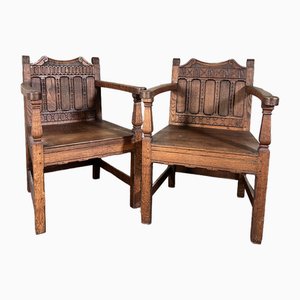 Antique Oak Hall Chairs, 1900s, Set of 2