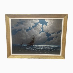 Lucien Boulnois, Sailing Ship in the Moonlight, 1890s, Oil on Canvas, Framed