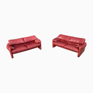 Two-Seater Sofas in Cherry Red Leather with Labels by Vico Magistretti for Cassina, Set of 2
