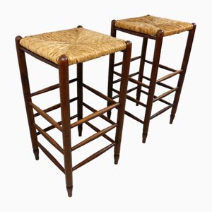 Rustic Wooden and Rush Bar Stools, 1970s, Set of 2