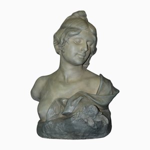 Bust of Young Woman in Ceramic with Blue-Green Patina by Léopold Bernard Bernstamm for Emile Muller, 1890s