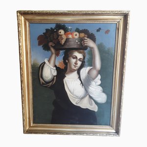Mujer con flores, década de 1800, óleo sobre lienzo
