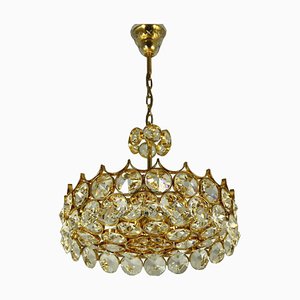 Chandelier in Gold Plate and Faceted Crystals from Palwa, 1970s
