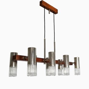 Scandinavian 6-Flame Ceiling Light in Teak and Glass, 1950s