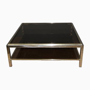 Square Coffee Table in Chrome and Brass, 1970s