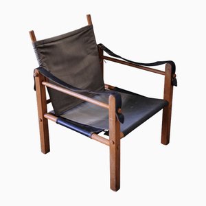 Mid-Century Safari Chair with Black Leather Sling Arms, Beech Frame and Canvas Upholstery by Kaare Klint, 1950s