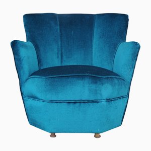Art Deco Turquoise Blue Velvet Fan Back Cocktail Chair with Metal Feet, 1930s