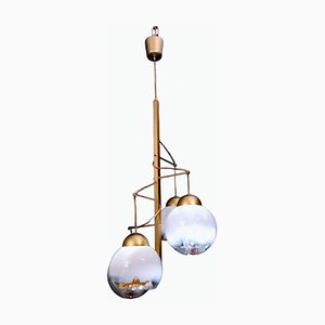 Lampadario in ottone satinato e vetro di Murano attribuito a Mazzega, 1965