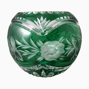 Biedermeier Style Bohemia Cut and Ground Green Crystal Ball Vase, 1947