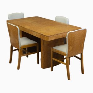 Art Deco Birds Eye Maple Dining Table and 4 Matching Leather Chairs, 1930s, Set of 5