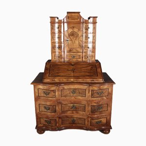 Antique 18th Century Baroque Tabernacle Secretary in Oak with Walnut Veneer, 1730s