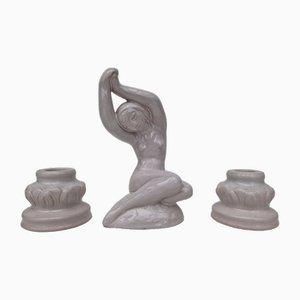 Steinggut Figure with Candleholders by Lauritz Adolph Hjorth, Denmark, 1960s, Set of 3