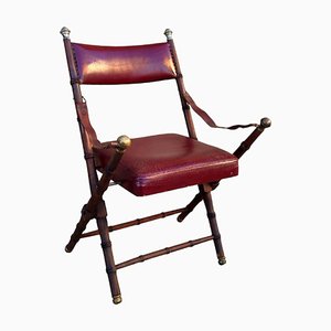 Campaign Safari Folding Chair in Faux Bamboo and Red Skai
