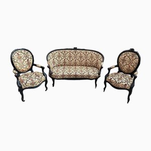 Fauteuils et Canapé Napoléon III en Bois Noirci, 1800s, Set de 3