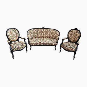 Napoleon III Lounge Chairs & Sofa in Blackened Wood, 1800s, Set of 3