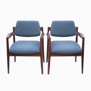 Armchairs in Walnut and Upholstered in Blue Fabric attributed to Jens Risom for Knoll, 1960s, Set of 2